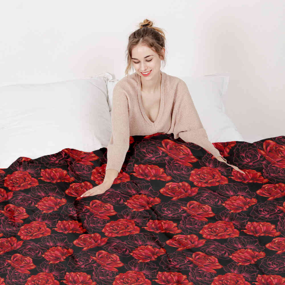 Set di biancheria da letto con coperta terapeutica nera con rose rosse