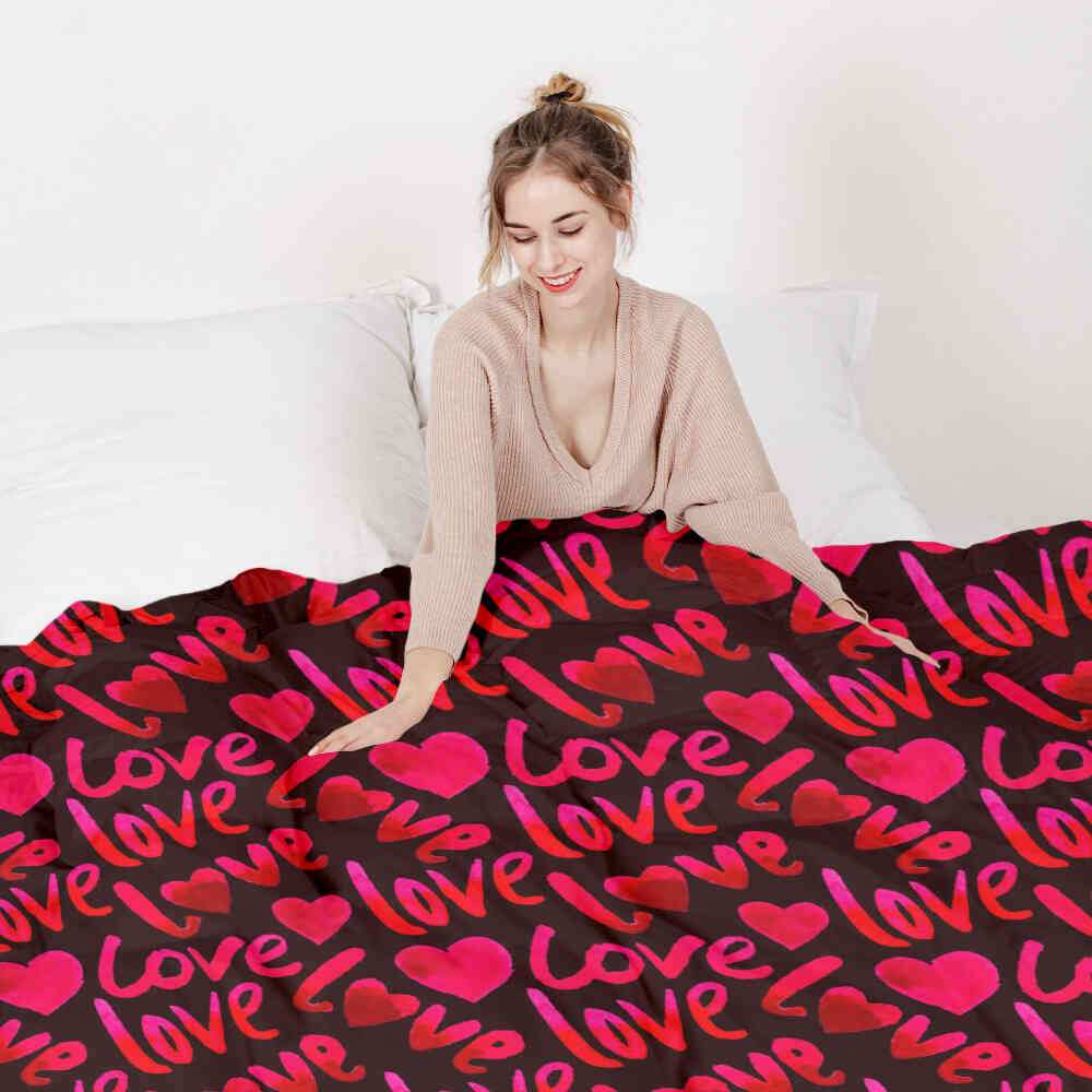 Set di biancheria da letto con coperta terapeutica nera con scritta Love