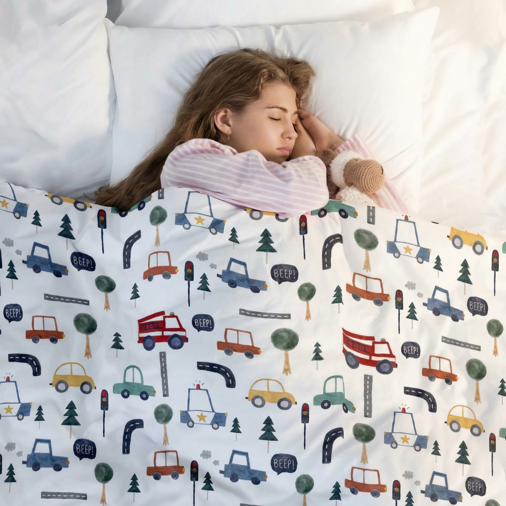 Coperta terapeutica originale - Coperta ponderata con motivo auto e rivestimento in cotone per bambini