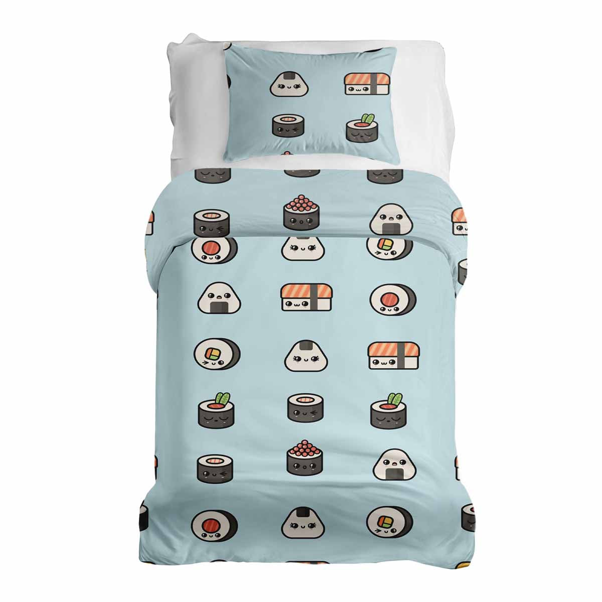 Set di biancheria da letto con coperta terapeutica azzurro chiaro con sushi