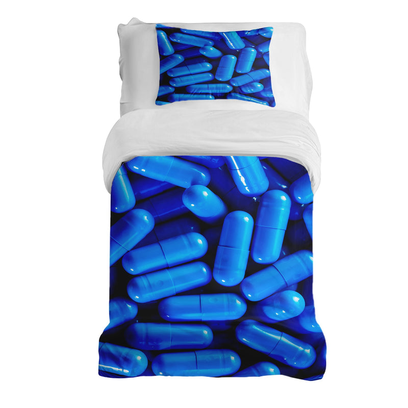 Set di biancheria da letto con coperta terapeutica blu pillole