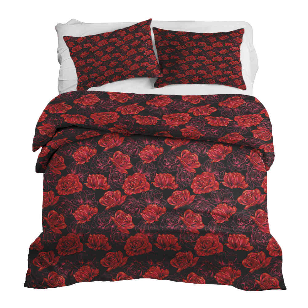 Set di biancheria da letto con coperta terapeutica nera con rose rosse