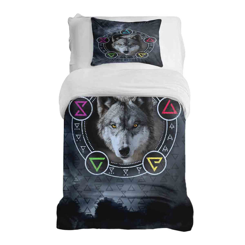 Set di biancheria da letto con coperta terapeutica grigia con lupo