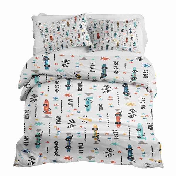 Set di biancheria da letto con coperte terapeutiche bianco con macchine da corsa