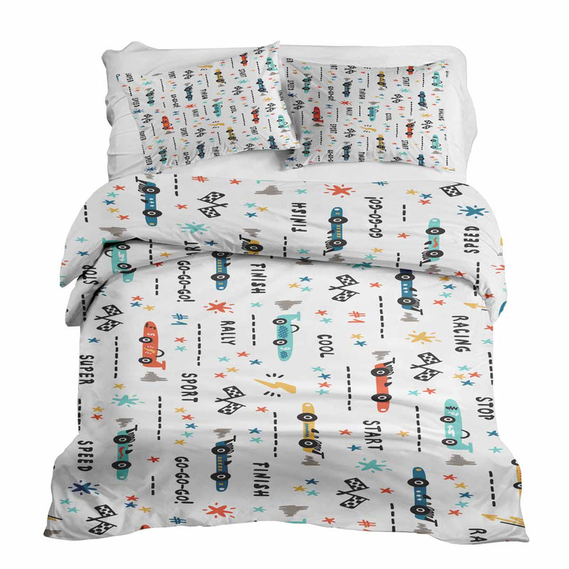 Set di biancheria da letto con coperte terapeutiche bianco con macchine da corsa
