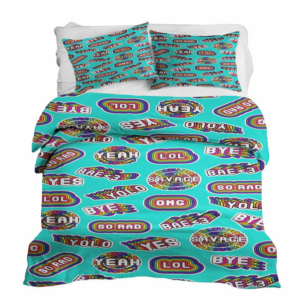 Set di biancheria da letto con coperte terapeutiche turchese con scritte