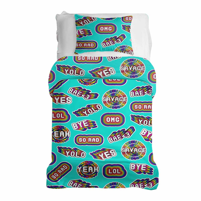 Set di biancheria da letto con coperte terapeutiche turchese con scritte