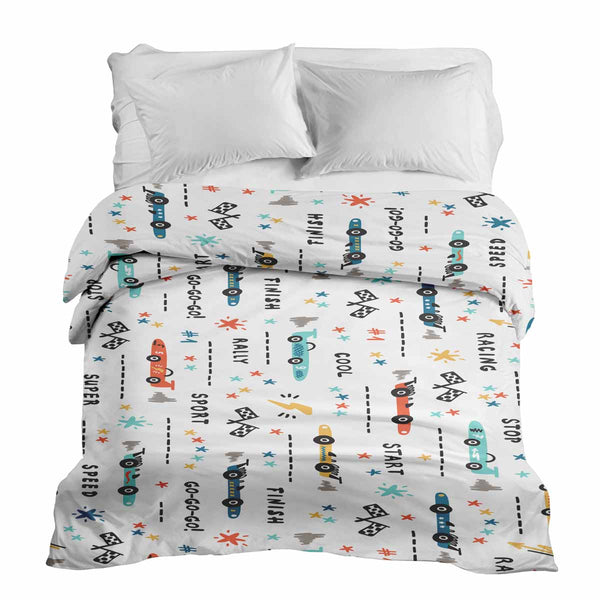 Coperta terapeutica originale - Rivestimento in cotone bianco con macchine da corsa