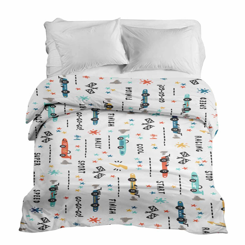 Coperta terapeutica originale - Rivestimento in cotone bianco con macchine da corsa