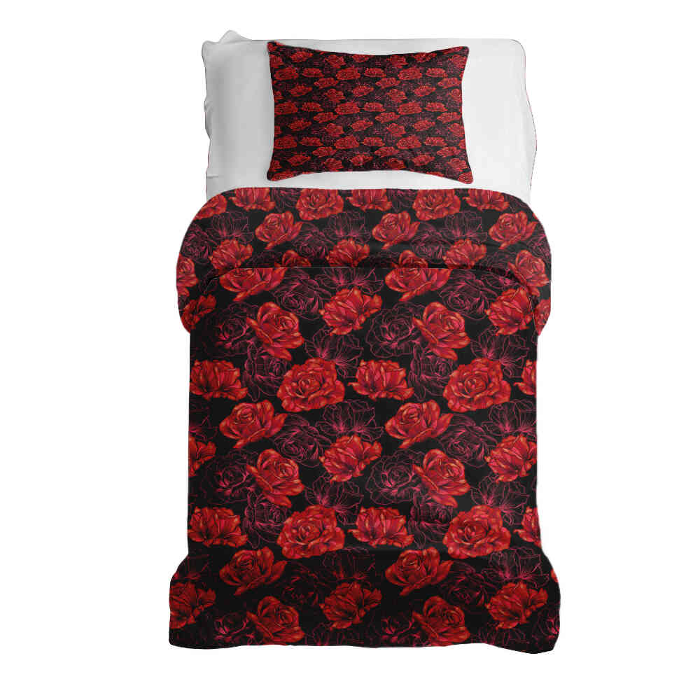 Set di biancheria da letto con coperta terapeutica nera con rose rosse