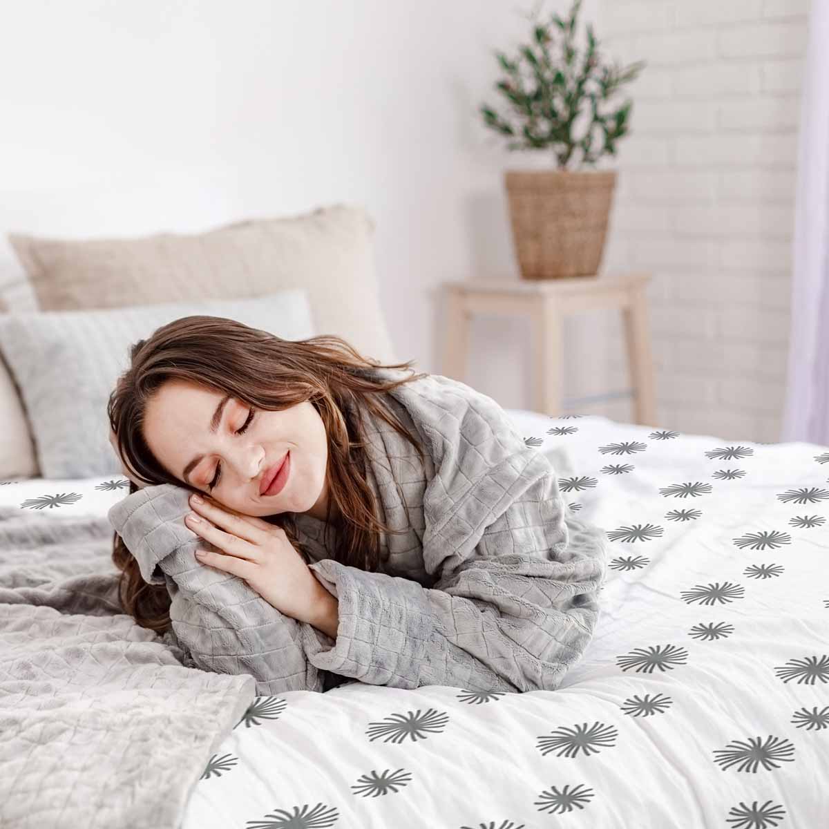 Set di biancheria da letto con coperte terapeutiche bianco con nappe grigie