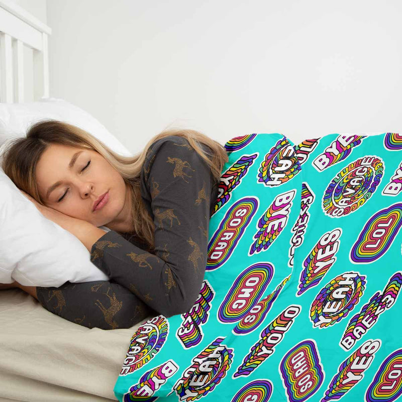 Set di biancheria da letto con coperte terapeutiche turchese con scritte
