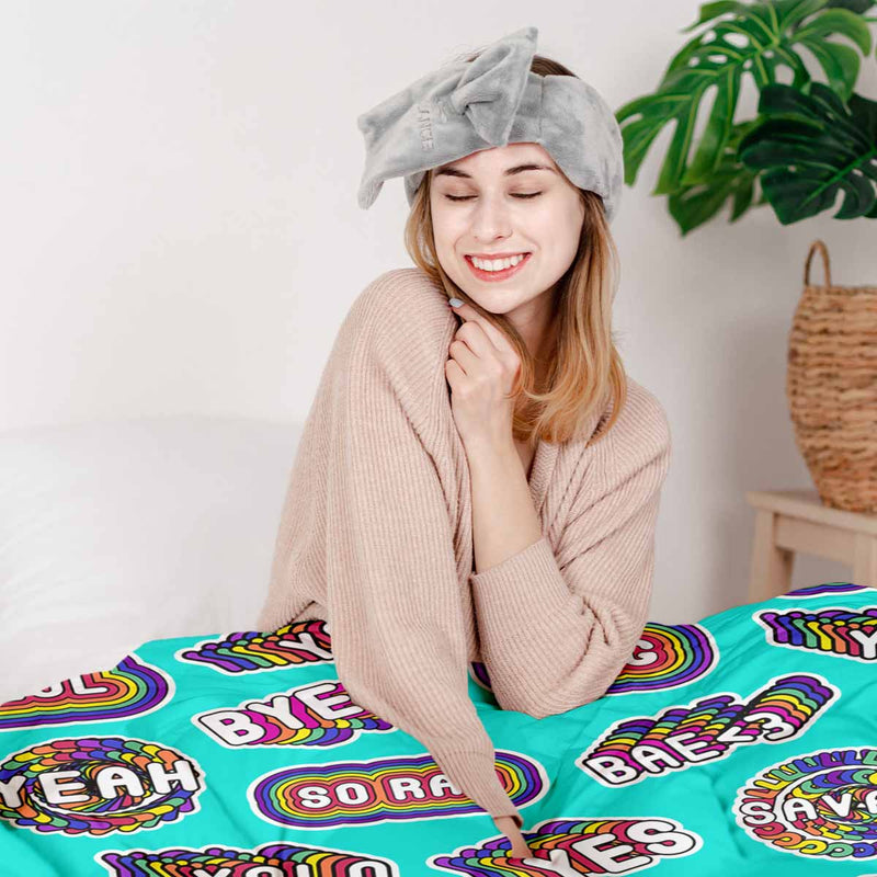 Set di biancheria da letto con coperte terapeutiche turchese con scritte