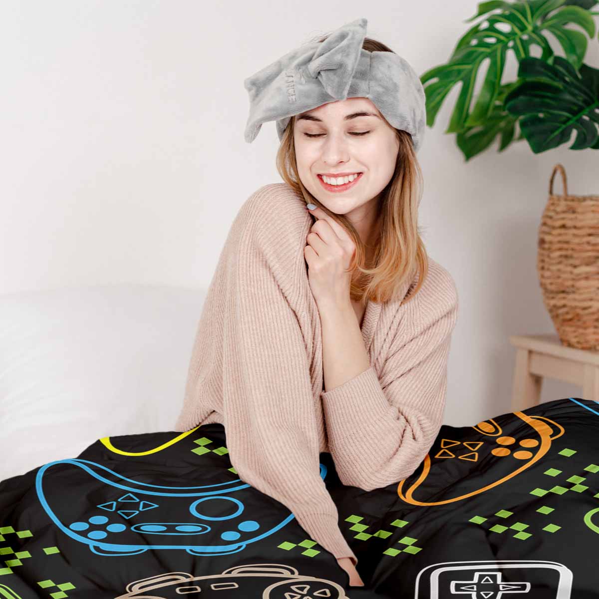 Set di biancheria da letto con coperte terapeutiche nero con console di gioco