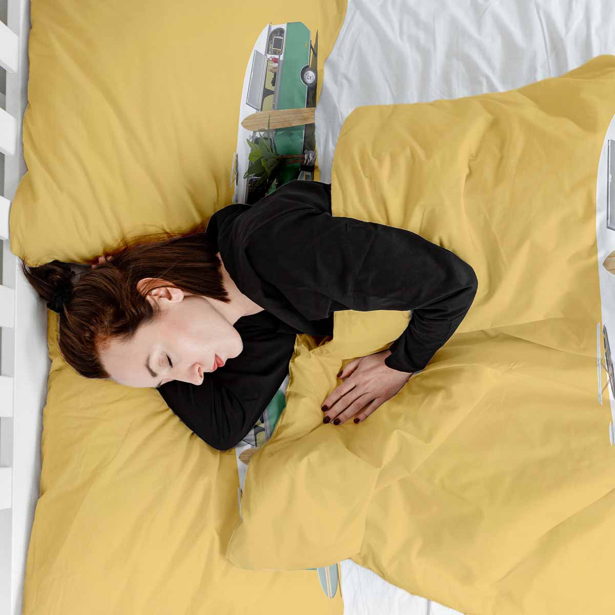 Set di biancheria da letto con coperta terapeutica gialla con autobus