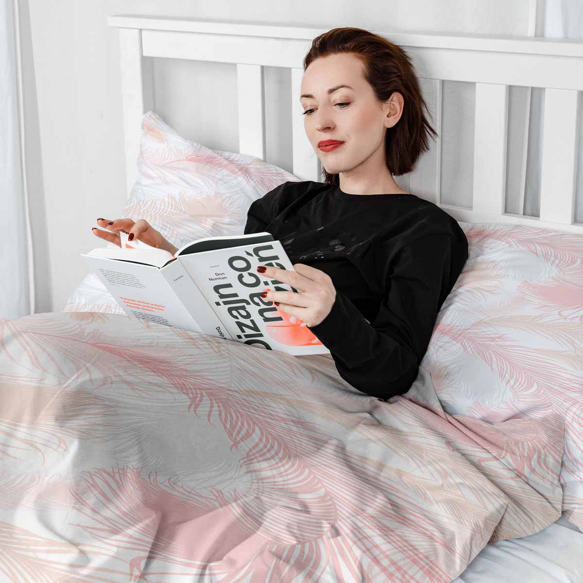 Set di biancheria da letto con coperta terapeutica bianca con piume rosa