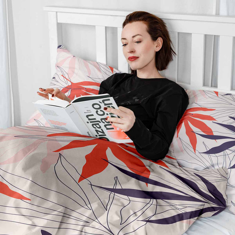 Set di biancheria da letto con coperta terapeutica beige con foglie colorate