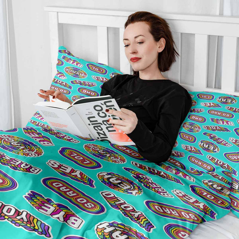 Set di biancheria da letto con coperte terapeutiche turchese con scritte