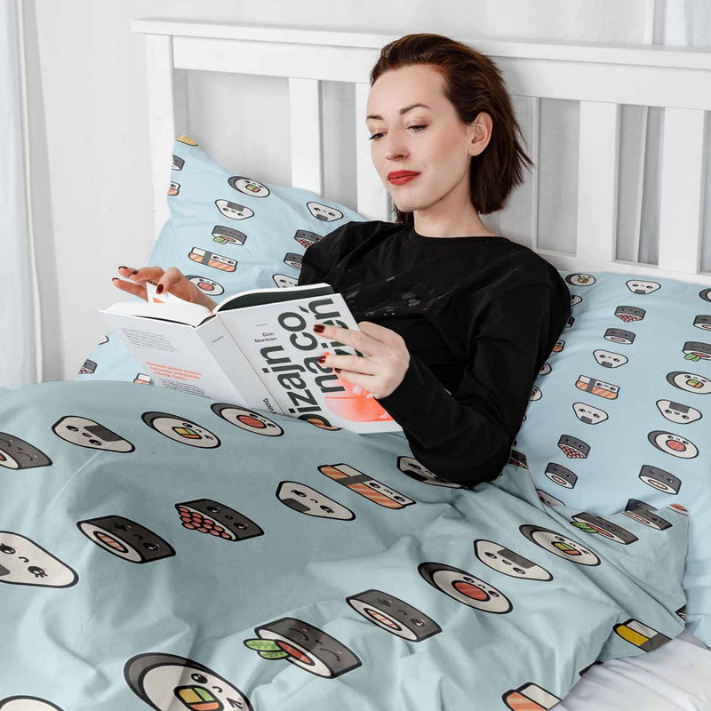 Set di biancheria da letto coperta terapeutica azzurro chiaro con sushi