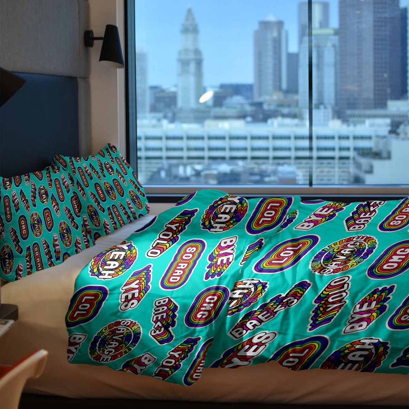 Set di biancheria da letto con coperte terapeutiche turchese con scritte