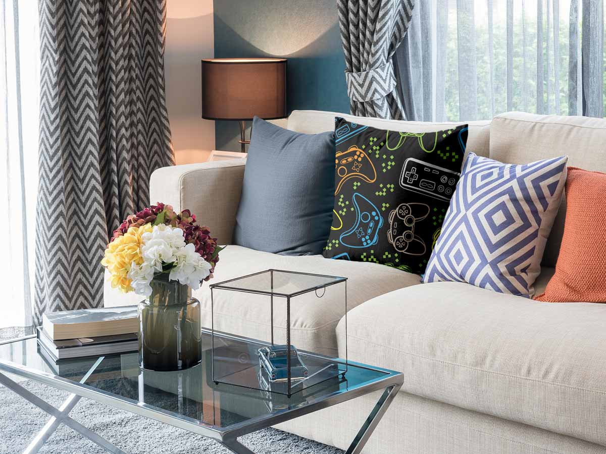 Cuscino salute nero con console di gioco