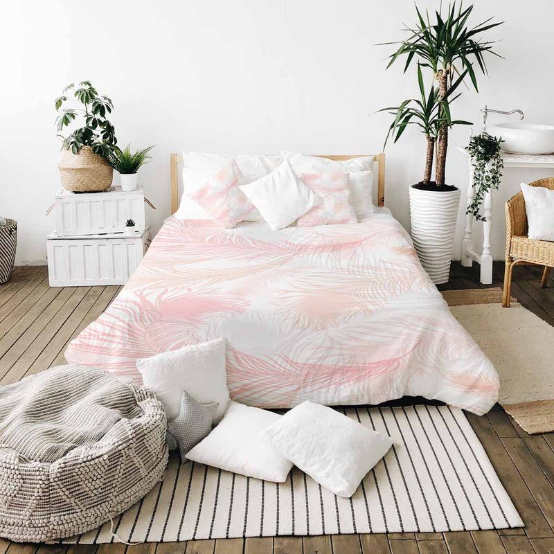 Set di biancheria da letto con coperta terapeutica bianca con piume rosa