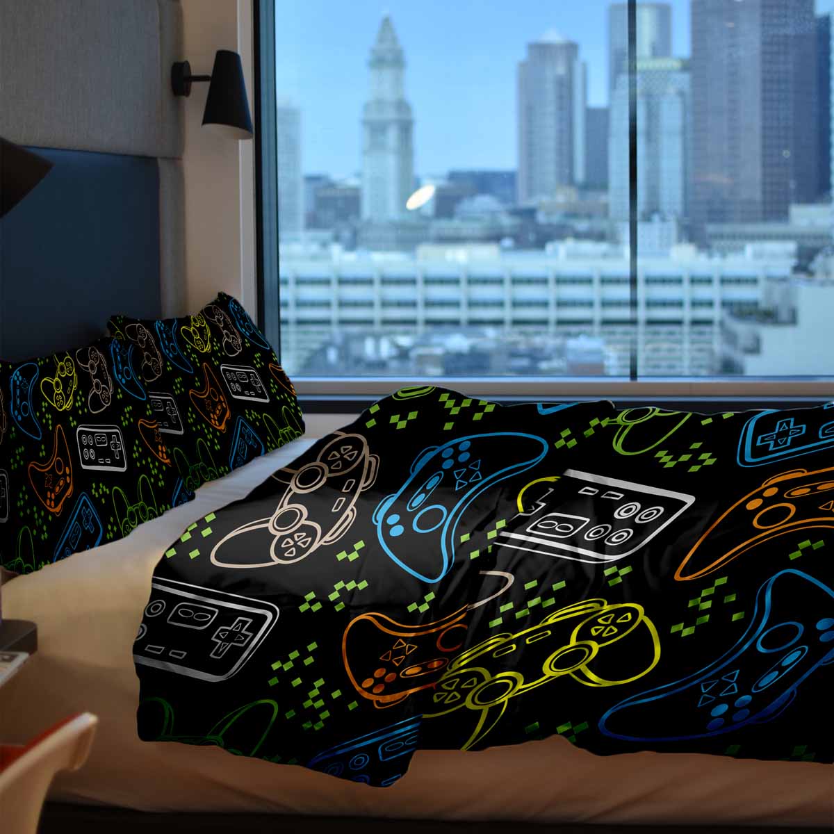 Set di biancheria da letto con coperte terapeutiche nero con console di gioco