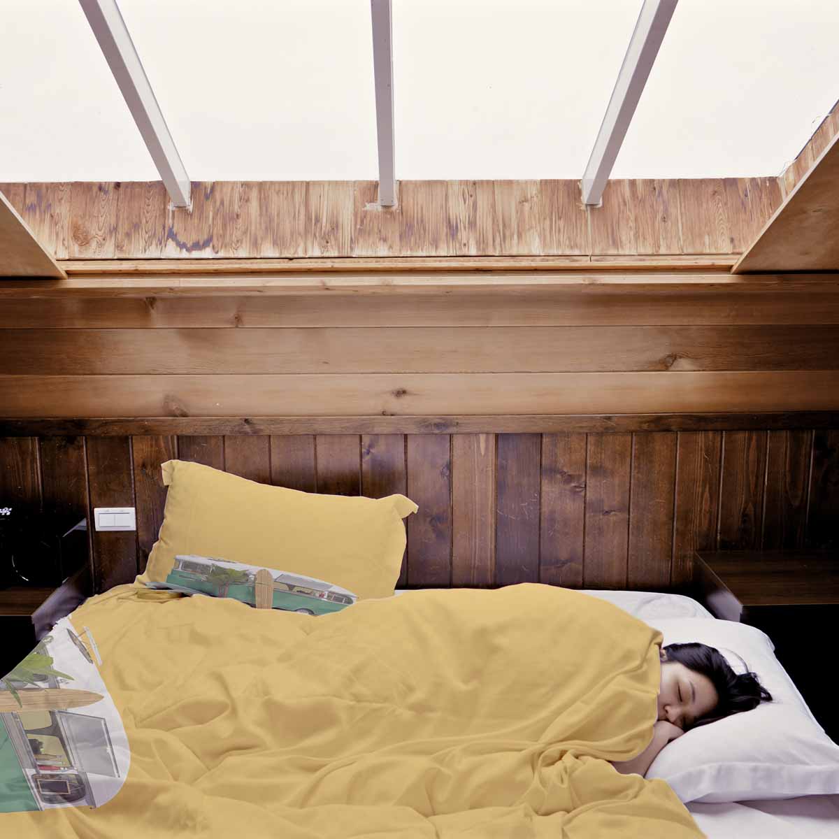 Set di biancheria da letto con coperta terapeutica gialla con autobus