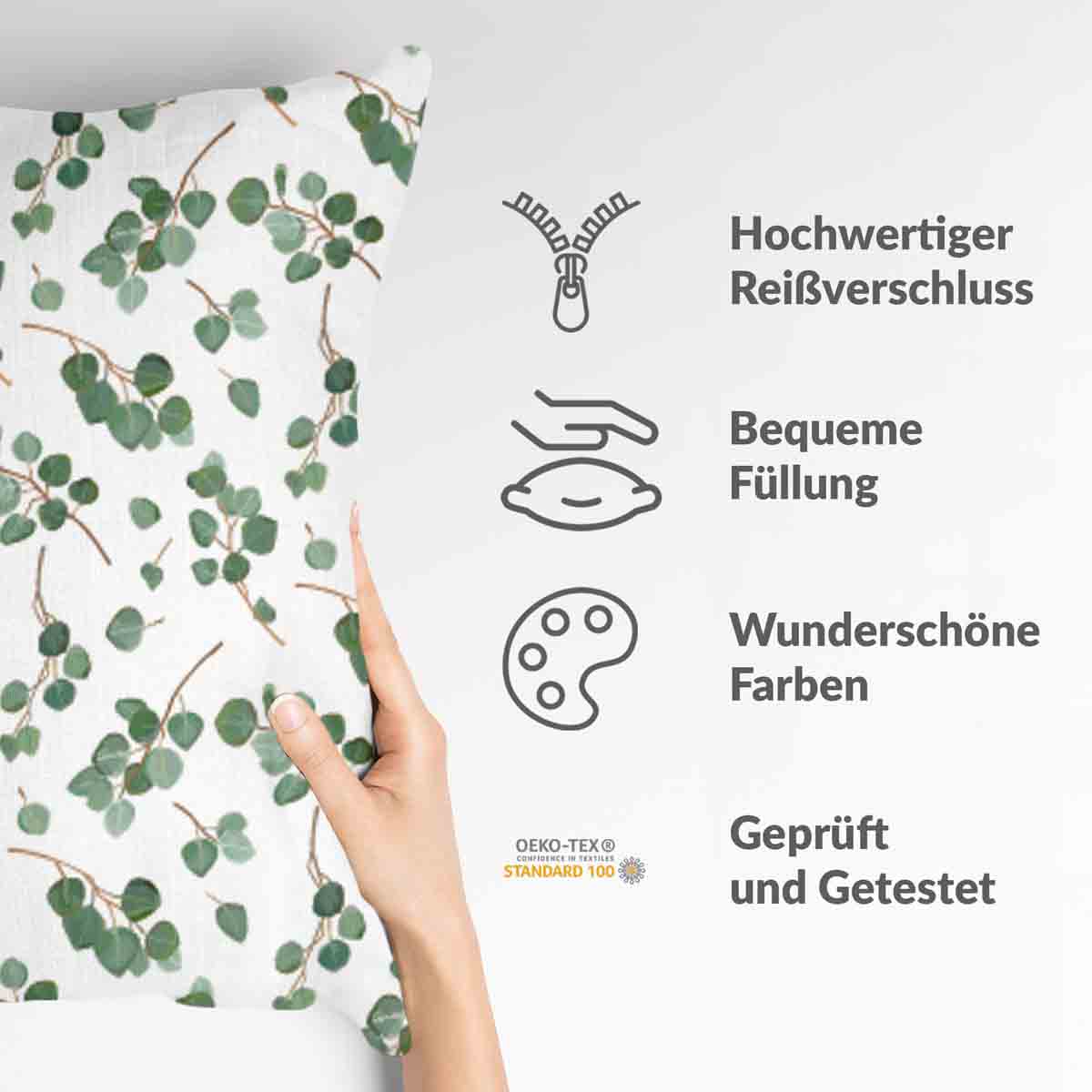 Cuscino salute bianco con rami di eucalipto