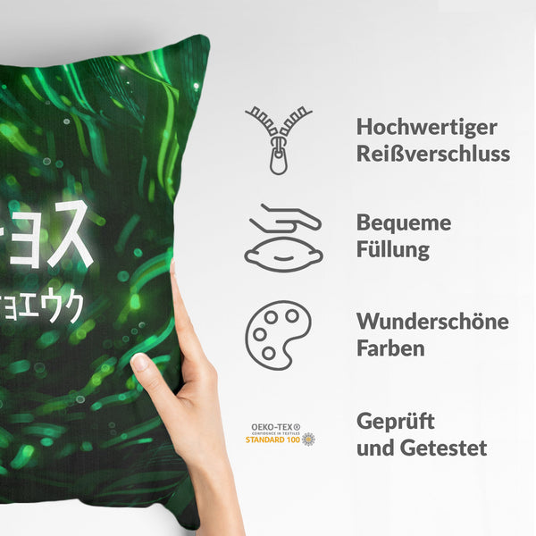 Cuscino salute verde con caratteri cinesi