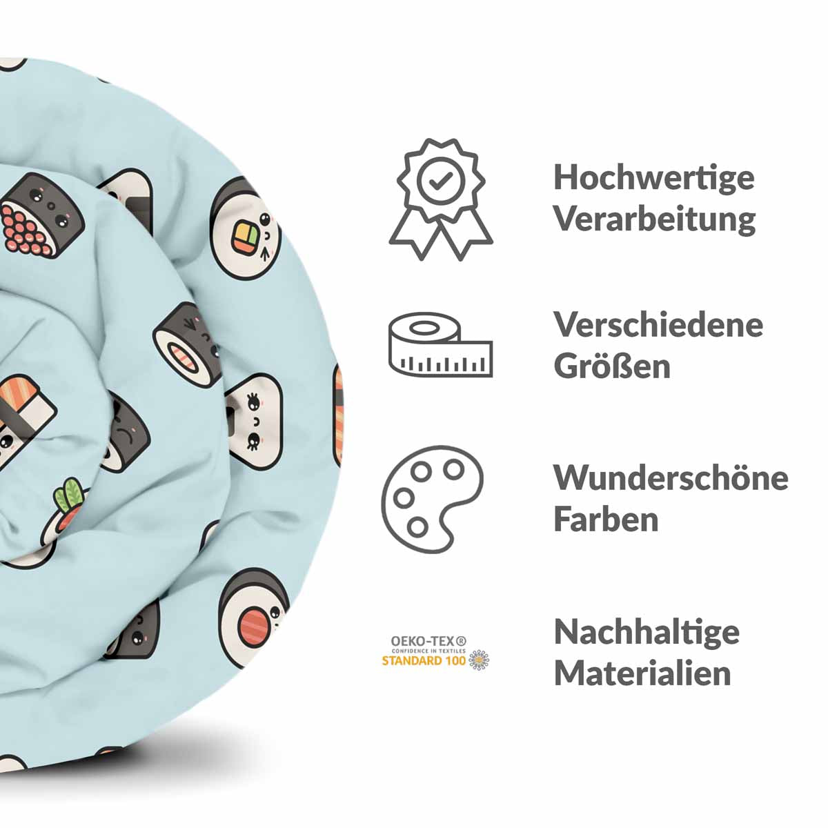 Set di biancheria da letto con coperta terapeutica azzurro chiaro con sushi