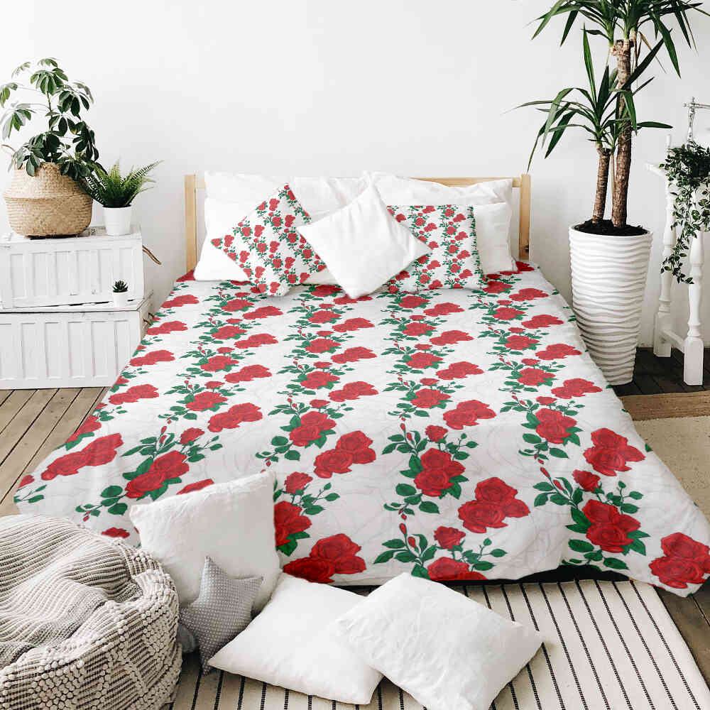 Set di biancheria da letto con coperta terapeutica bianca con cespuglio di rose