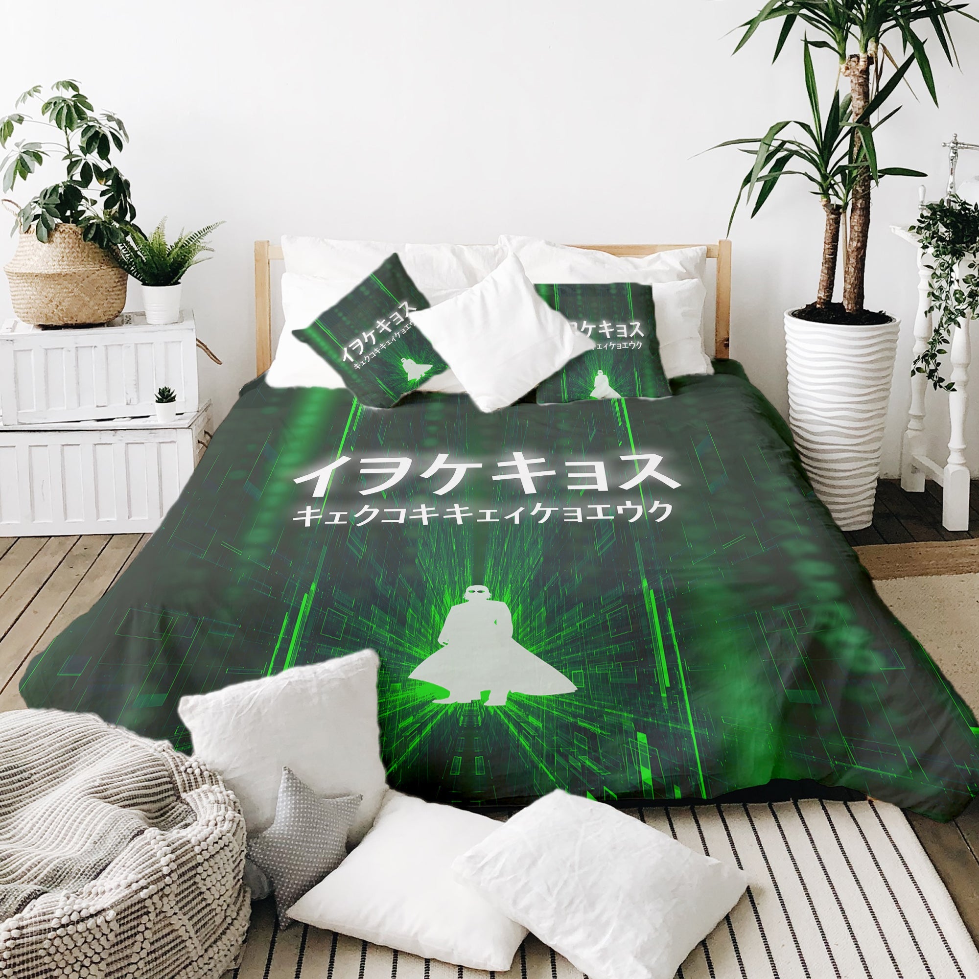 Set di biancheria da letto con coperte terapeutiche in verde con caratteri scritti