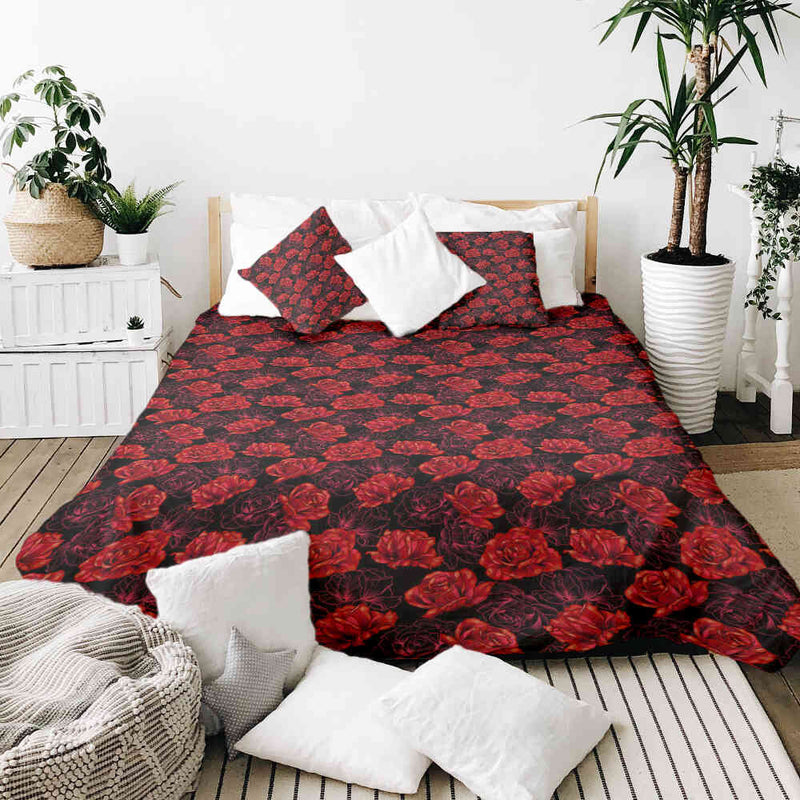 Set di biancheria da letto con coperta terapeutica nera con rose rosse