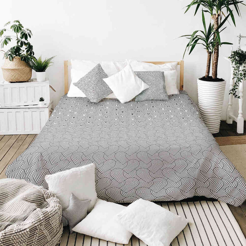 Set di biancheria da letto con coperta terapeutica grigia cuori geometrici