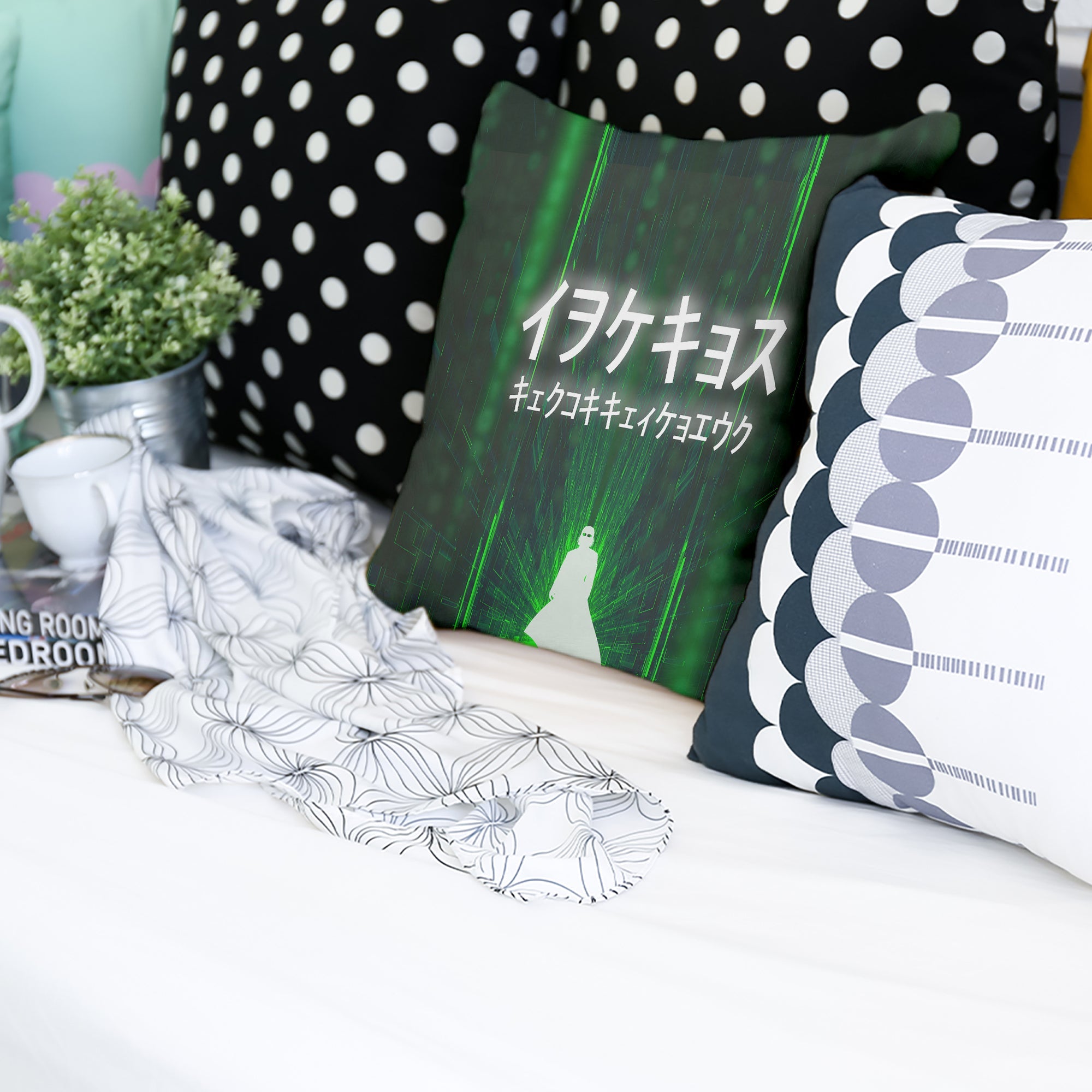 Cuscino per la salute in verde con caratteri scritti