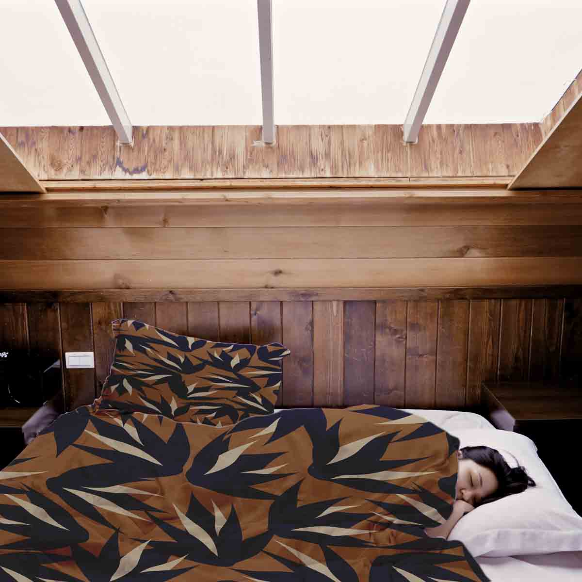 Set di biancheria da letto con coperte terapeutiche marrone con foglie blu