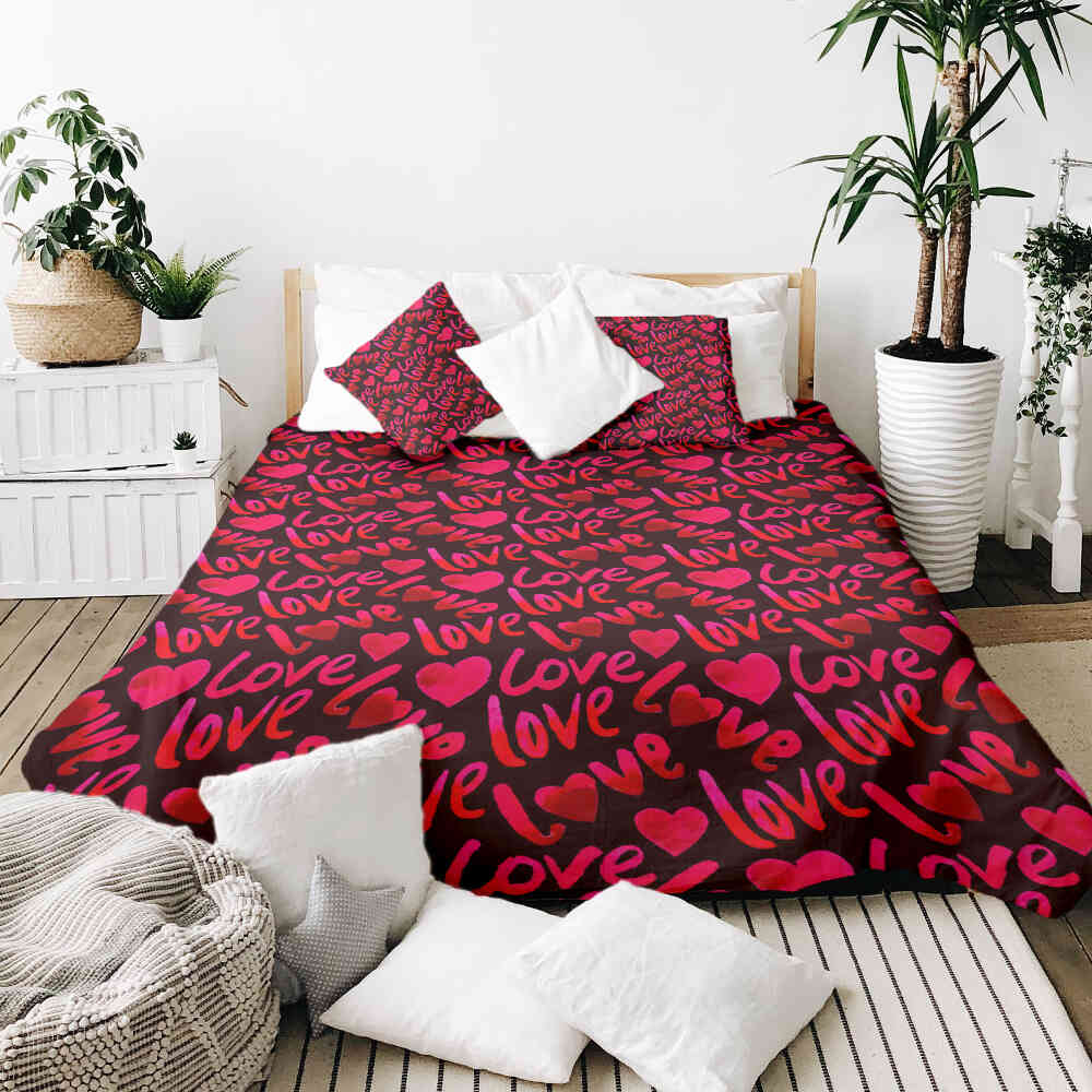 Set di biancheria da letto con coperta terapeutica nera con scritta Love