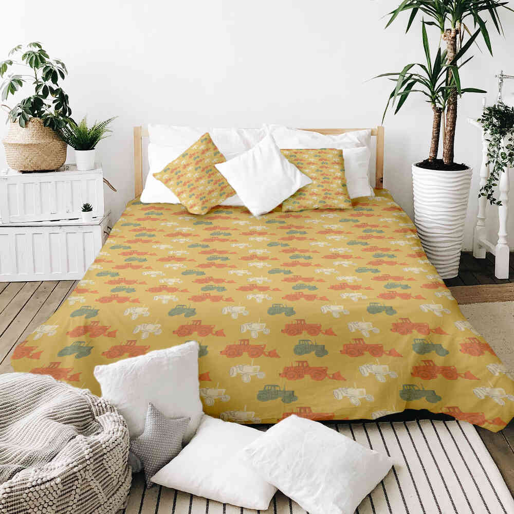 Set di biancheria da letto con coperte terapeutiche arancioni con trattori