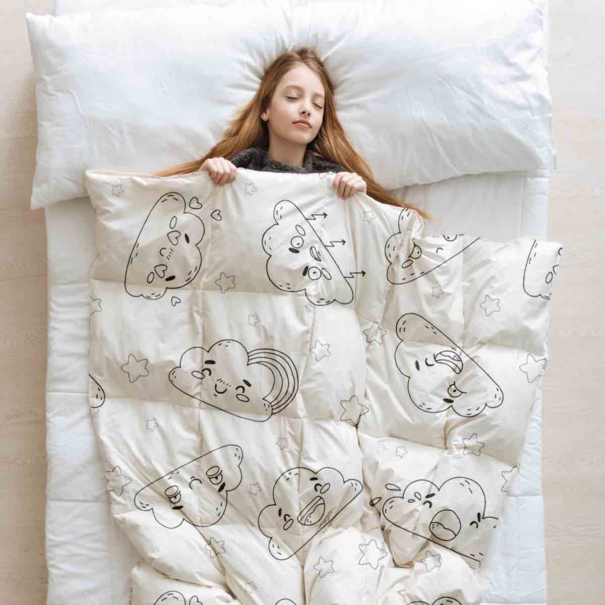 Set di biancheria da letto con coperte terapeutiche bianco con nuvole divertenti