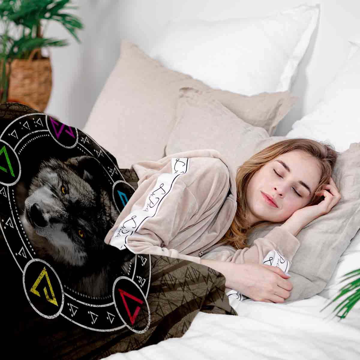 Set di biancheria da letto con coperta terapeutica marrone con lupo