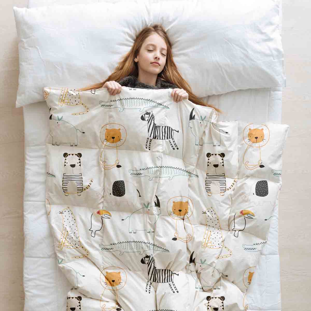 Set di biancheria da letto con coperte terapeutiche bianche con animali dello zoo