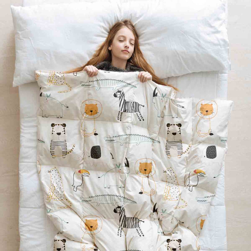Set di biancheria da letto con coperte terapeutiche bianco con animali dello zoo