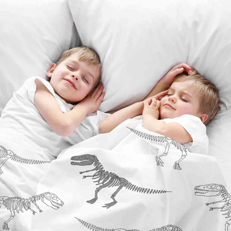 Set di biancheria da letto con coperta terapeutica bianca con scheletro di dinosauro