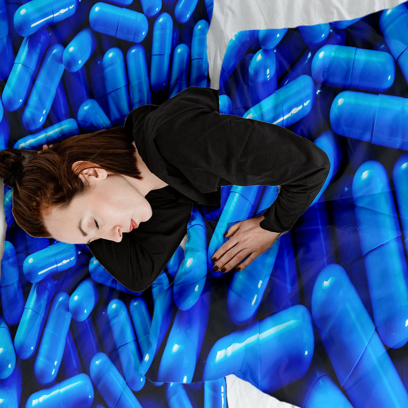 Set di biancheria da letto con coperta terapeutica blu pillole