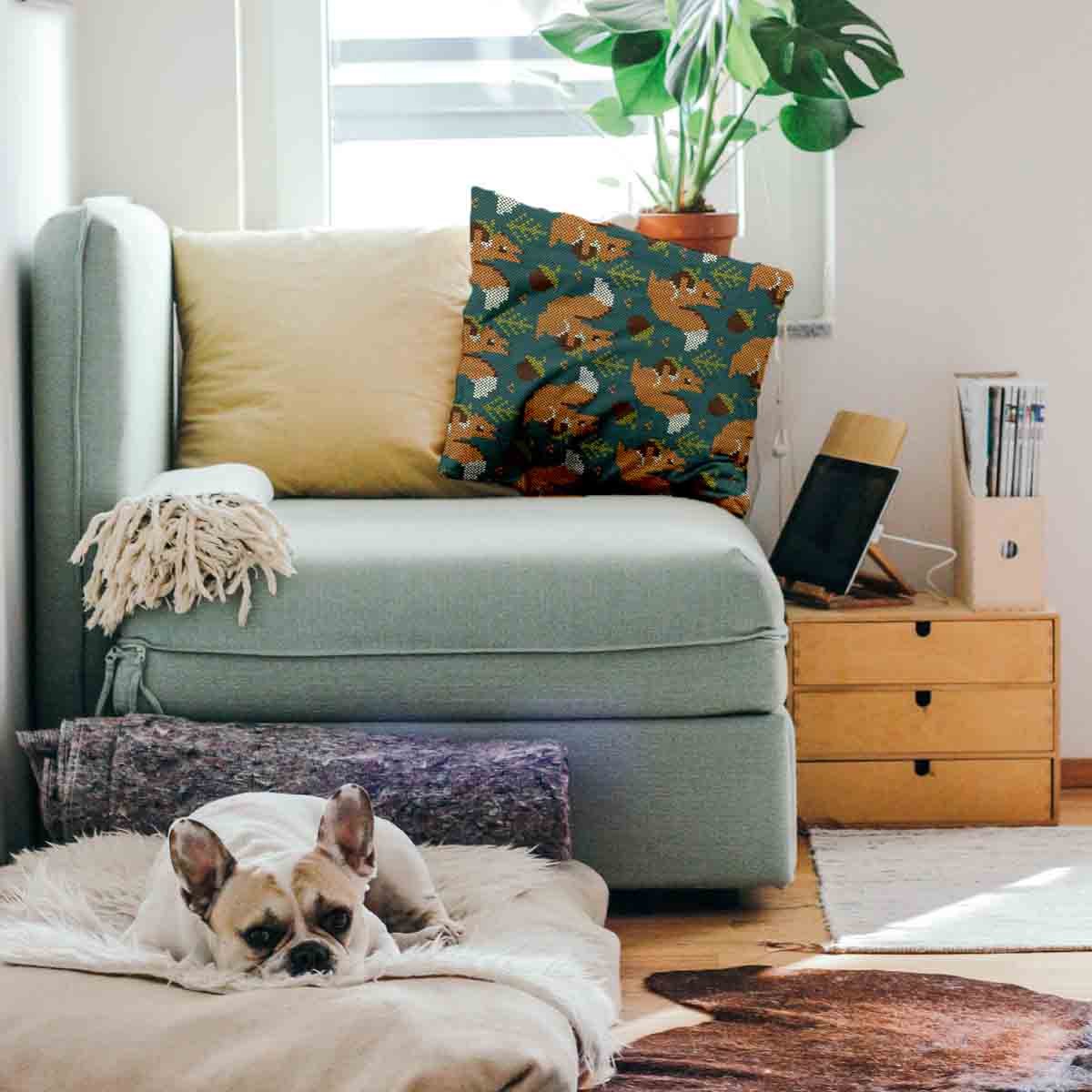 Cuscino salute verde con scoiattolo