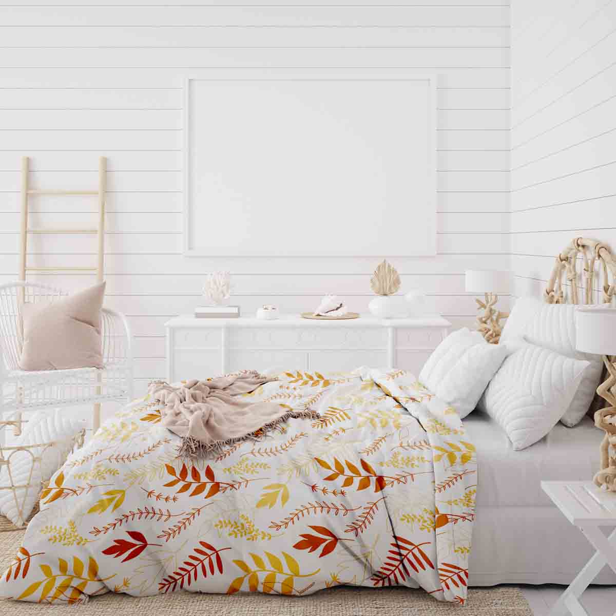 Set di biancheria da letto con coperte terapeutiche bianco con rami autunnali