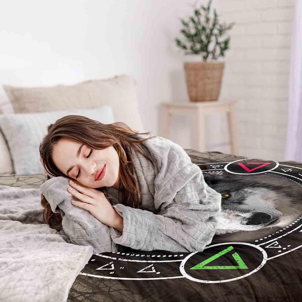 Set di biancheria da letto con coperta terapeutica marrone con lupo