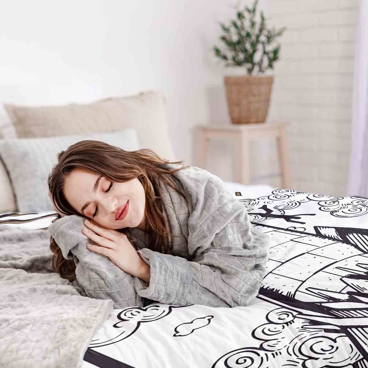 Set di biancheria da letto con coperta terapeutica bianca con torre