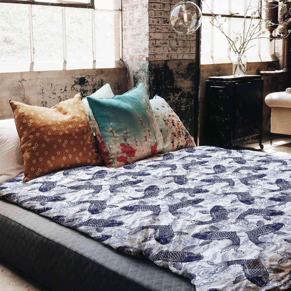 Set di biancheria da letto con coperta terapeutica e carpe koi blu